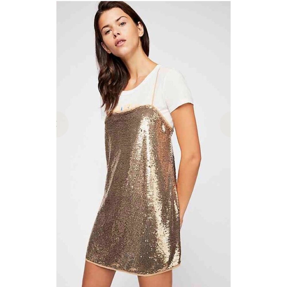 Free People Gold Shine Mini Slip Dress Size Small